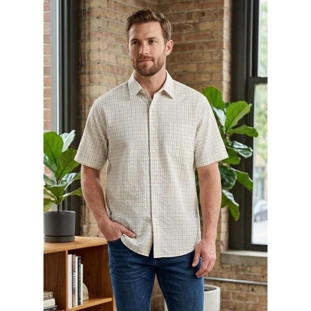Covington Short Sleeve Plaid Seersucker Button Down Shirt Mens XL Coastal Preppy